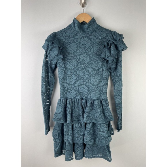 NWT Caroline Constas Emily Floral Lace Tiered Ruffle Mini Dress M Aegean Sea - Picture 5 of 11